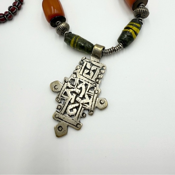 Vintage Ethiopian Coptic Hinged Cross Necklace Amber Bakelite Carnelian Beads - Picture 4 of 9